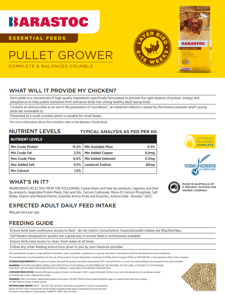 Barastoc Pullet Grower 20kg