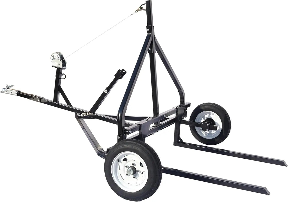 Round bale mover, towable steel frame with winch and forks