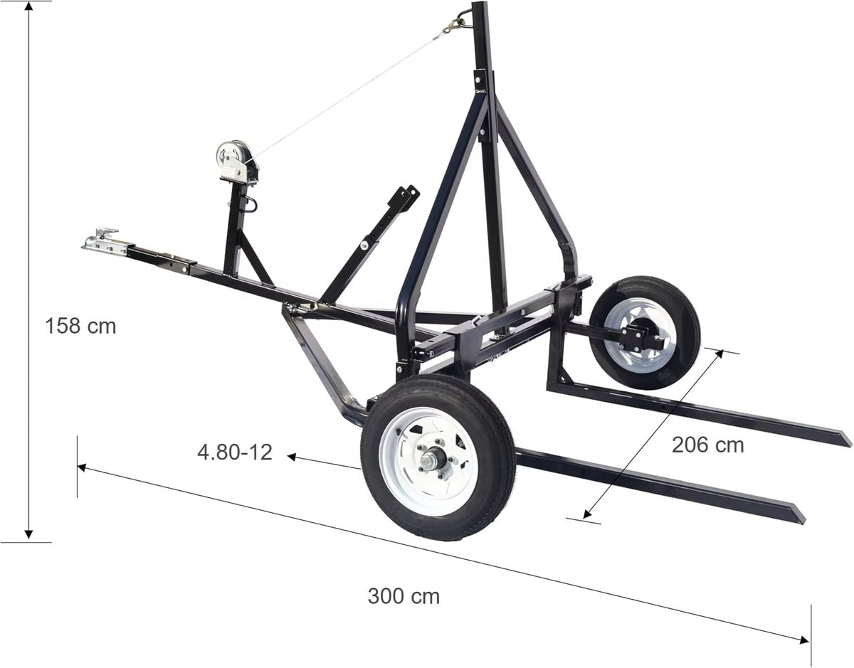 Round bale mover dimensions: 300 cm long, 206 cm wide, 158 cm high